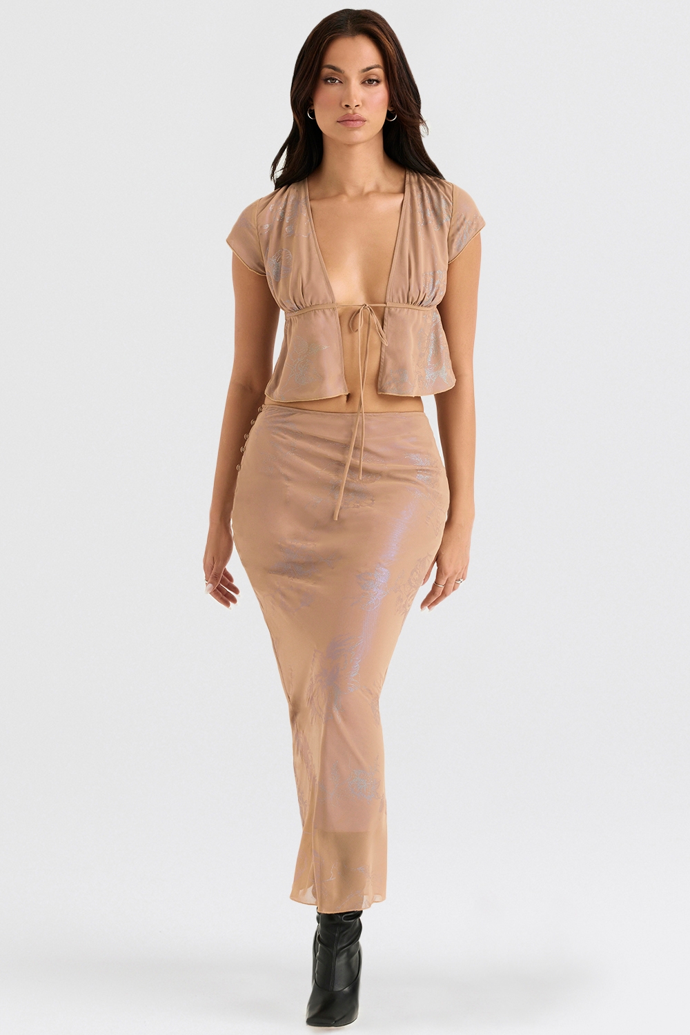 Dyana-Shimmer Cafe Au Lait Bias Cut Maxi Skirt