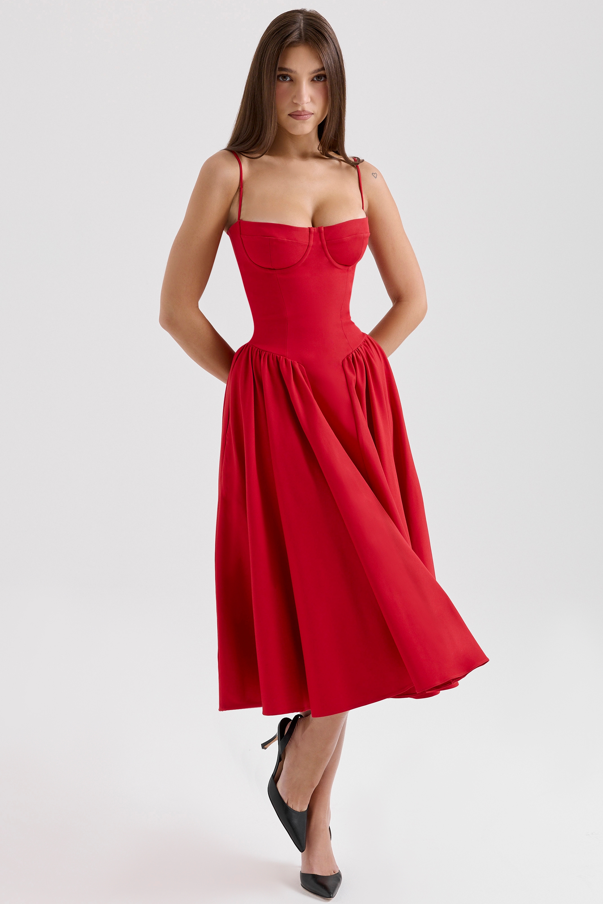 Samaria-Red Gathered Midi Dress