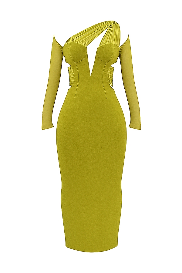 Zahra-Chartreuse Plunge Maxi Dress