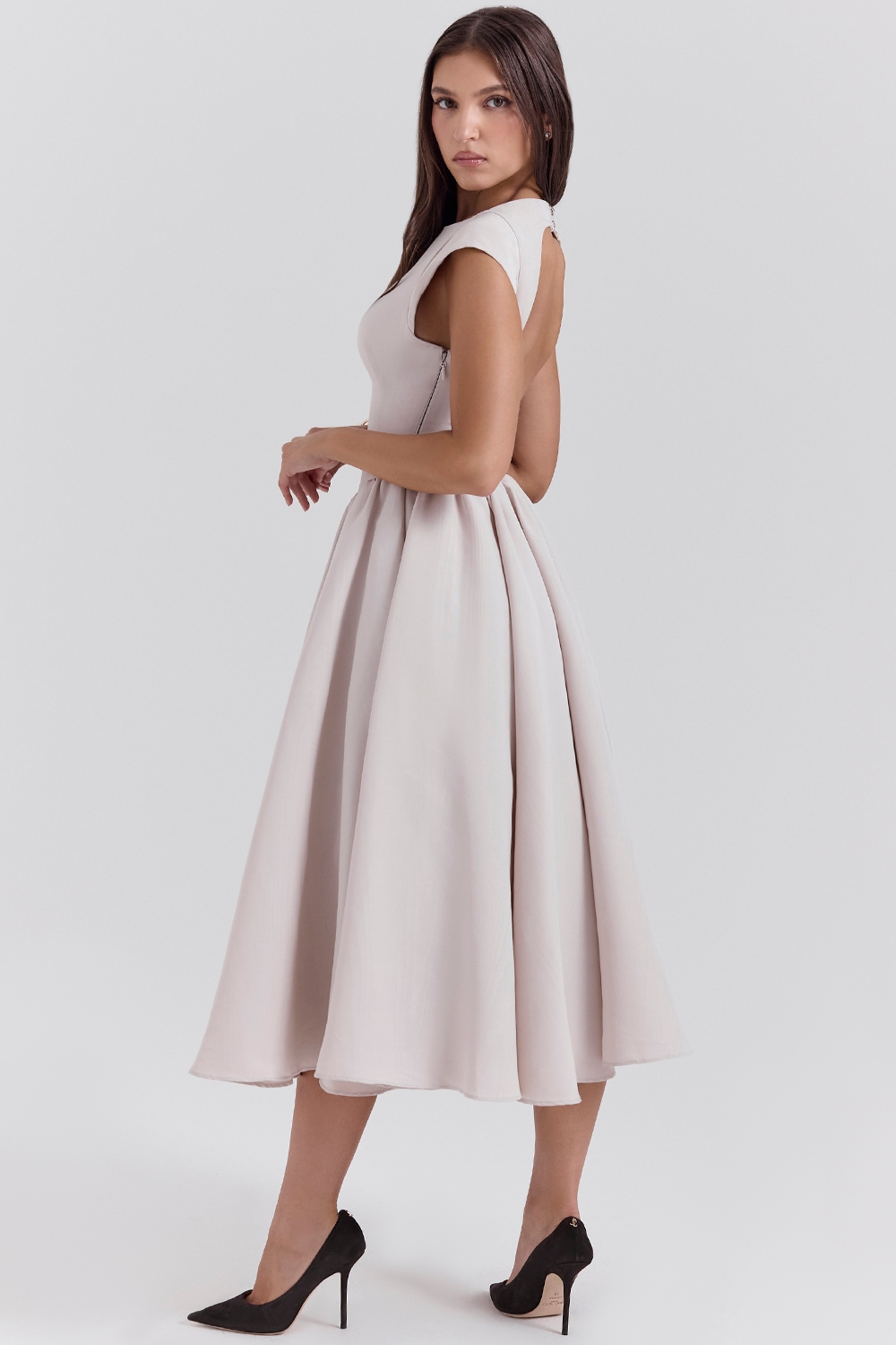 Debutante-French Dove Moire Satin Backless Midi Dress
