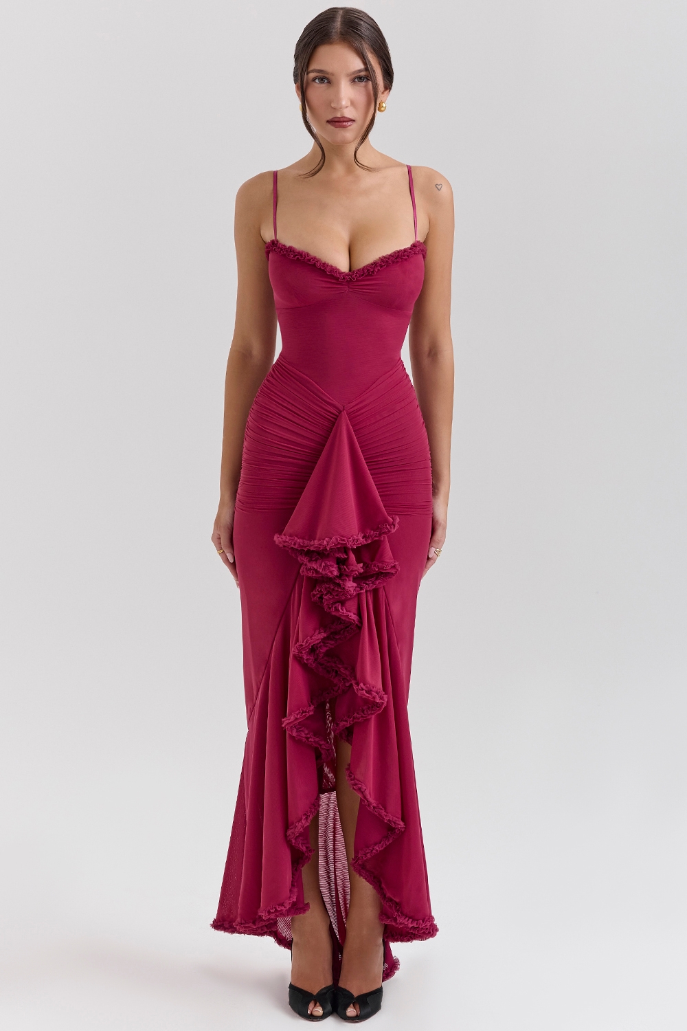 Gabbi-Wine Ruffled Front Gown