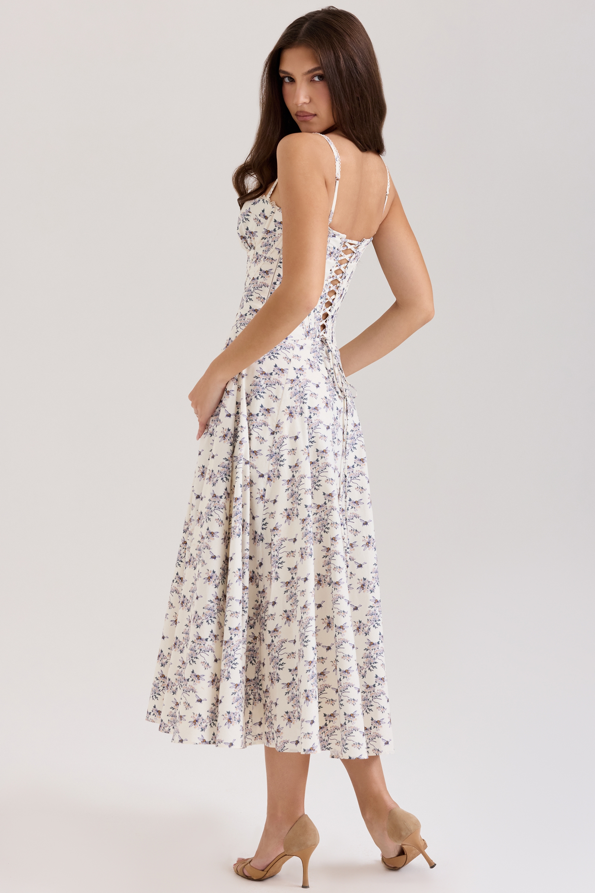 Steffani-Cream Stretch Cotton Floral Print Midi Sundress