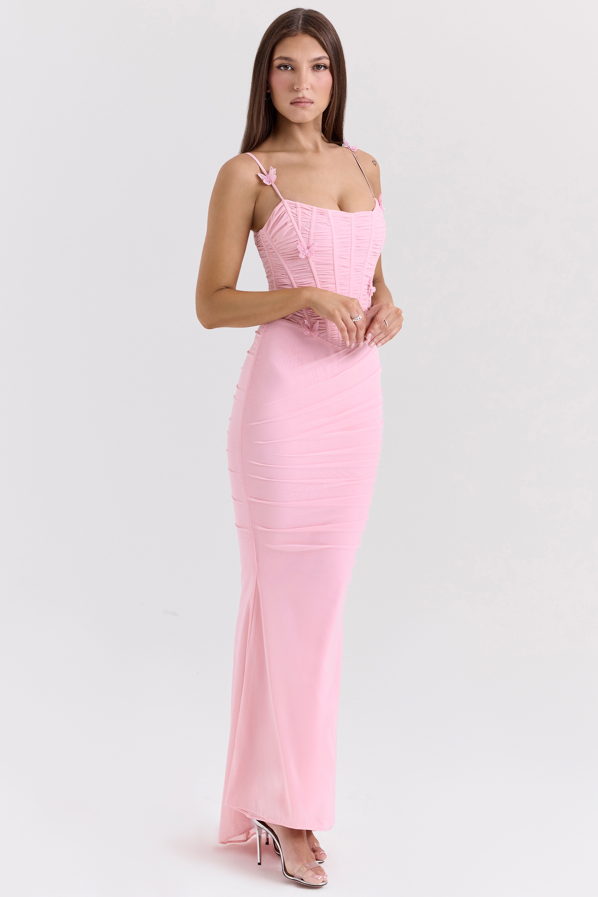 Romola-Pink Stretch Mesh Butterfly Maxi Dress