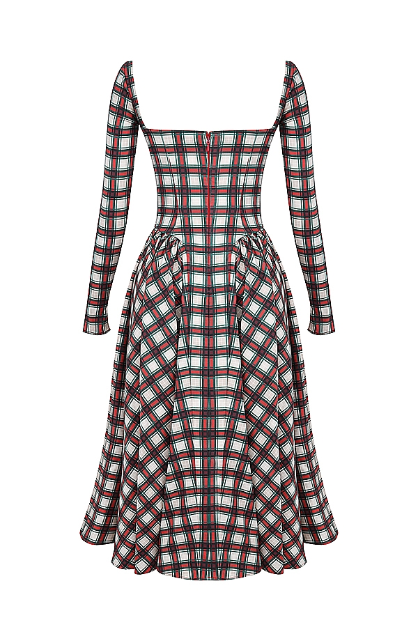 Eliza-Red Tartan Corset Midi Dress