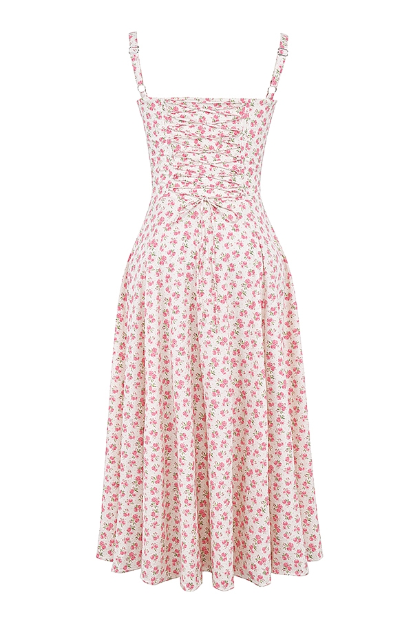 Carmen-White Rosebud Print Cotton Bustier Sundress