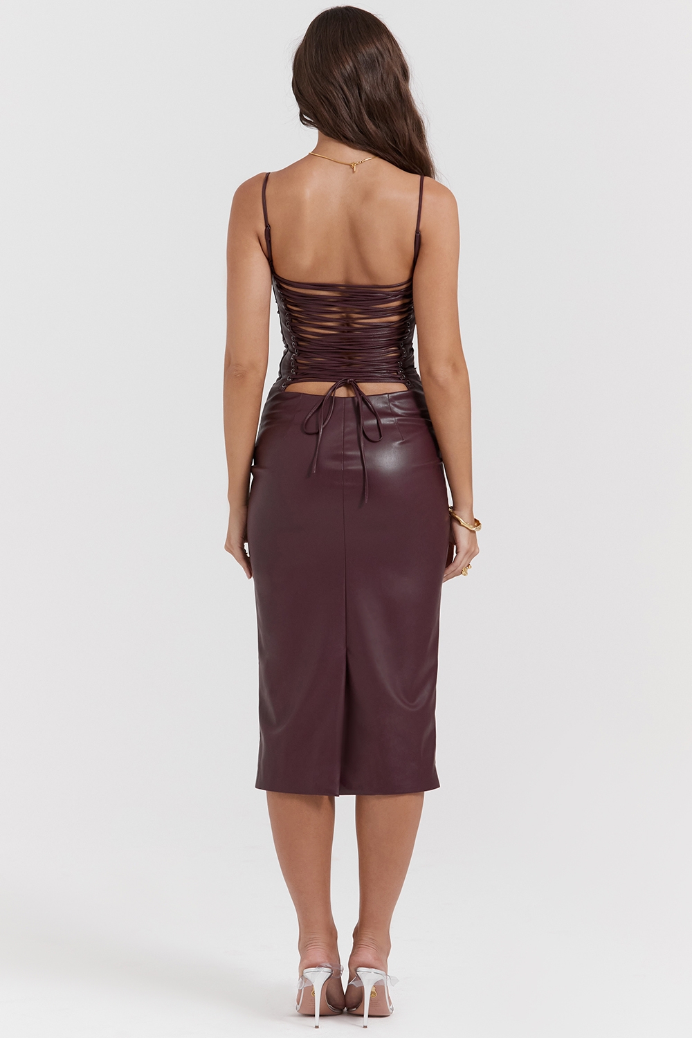 Jalena-Mulberry Vegan Leather Lace Back Dress