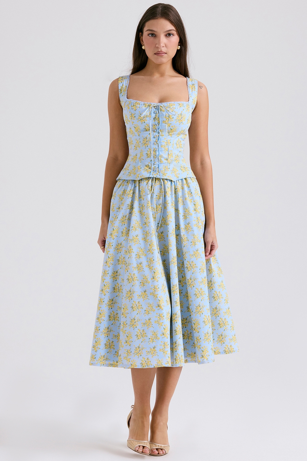 Cora-Soft Blue Vintage Floral Print Cotton Midi Skirt