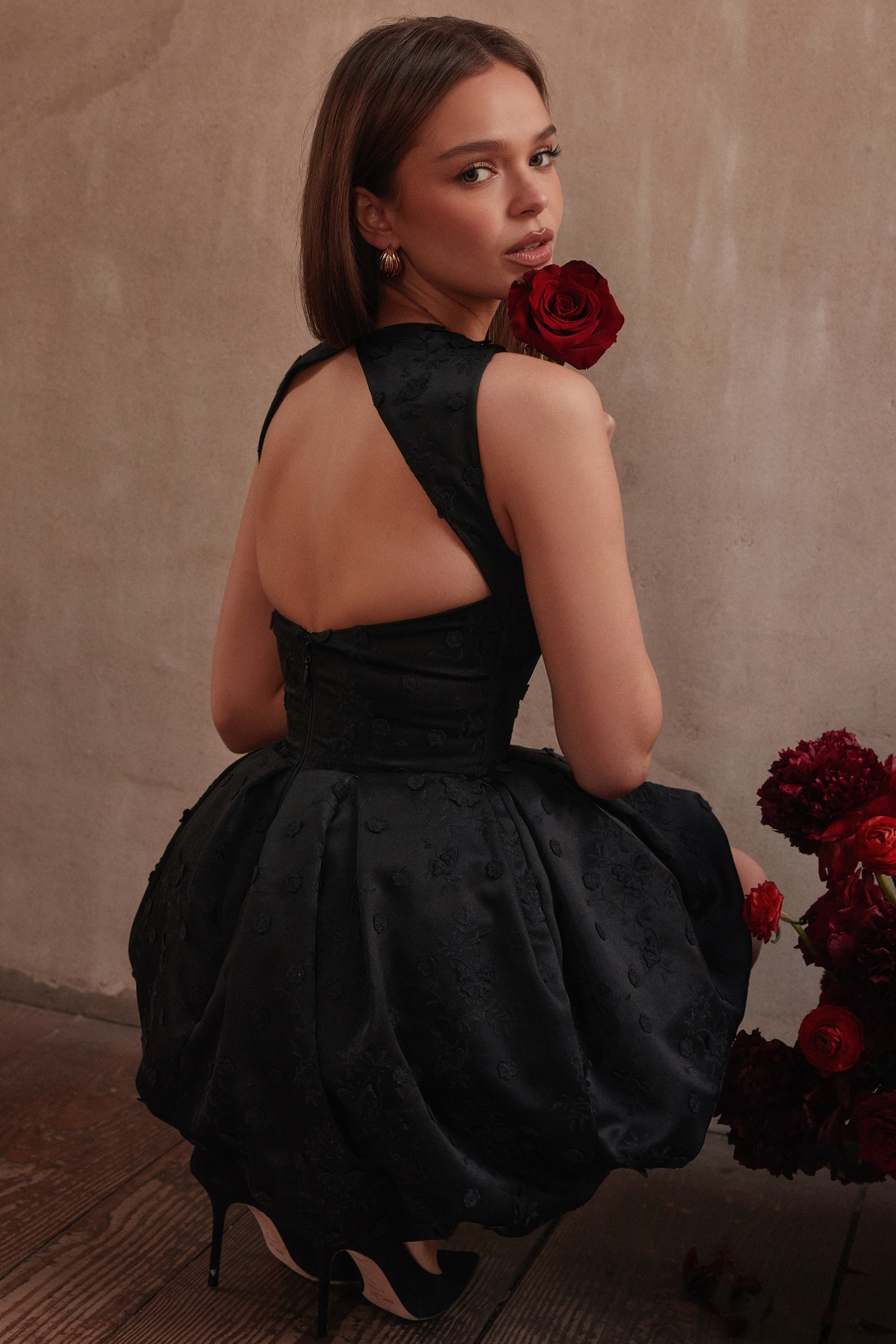 Melika-Black Backless Embroidered Mini Puffball Dress