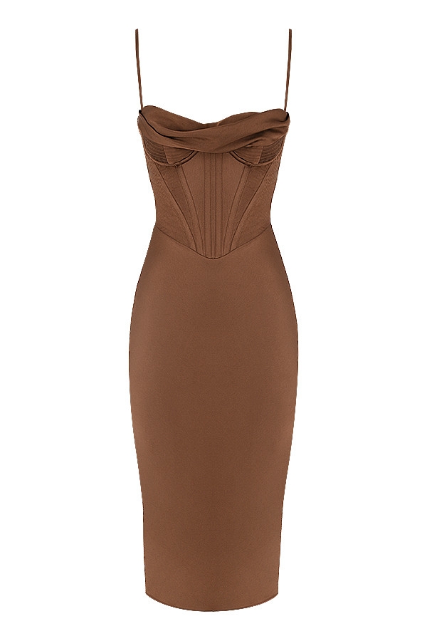 Myrna-Chocolate Satin Corset Slip Dress