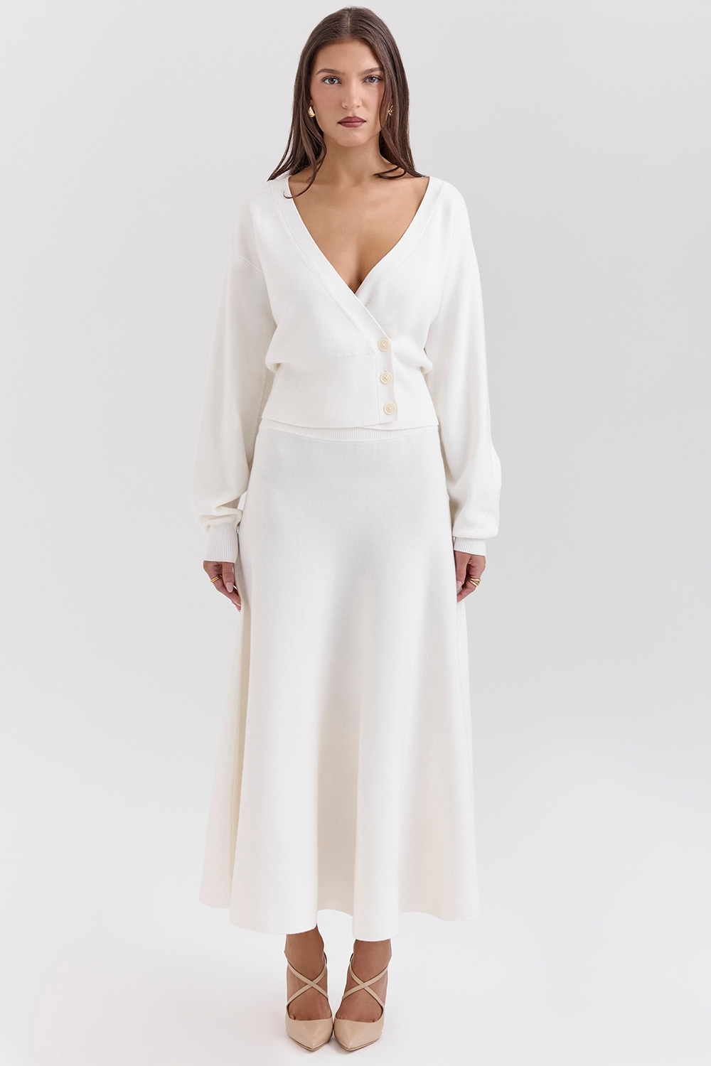 Solara-Ivory Wool Mix Flared Midi Skirt