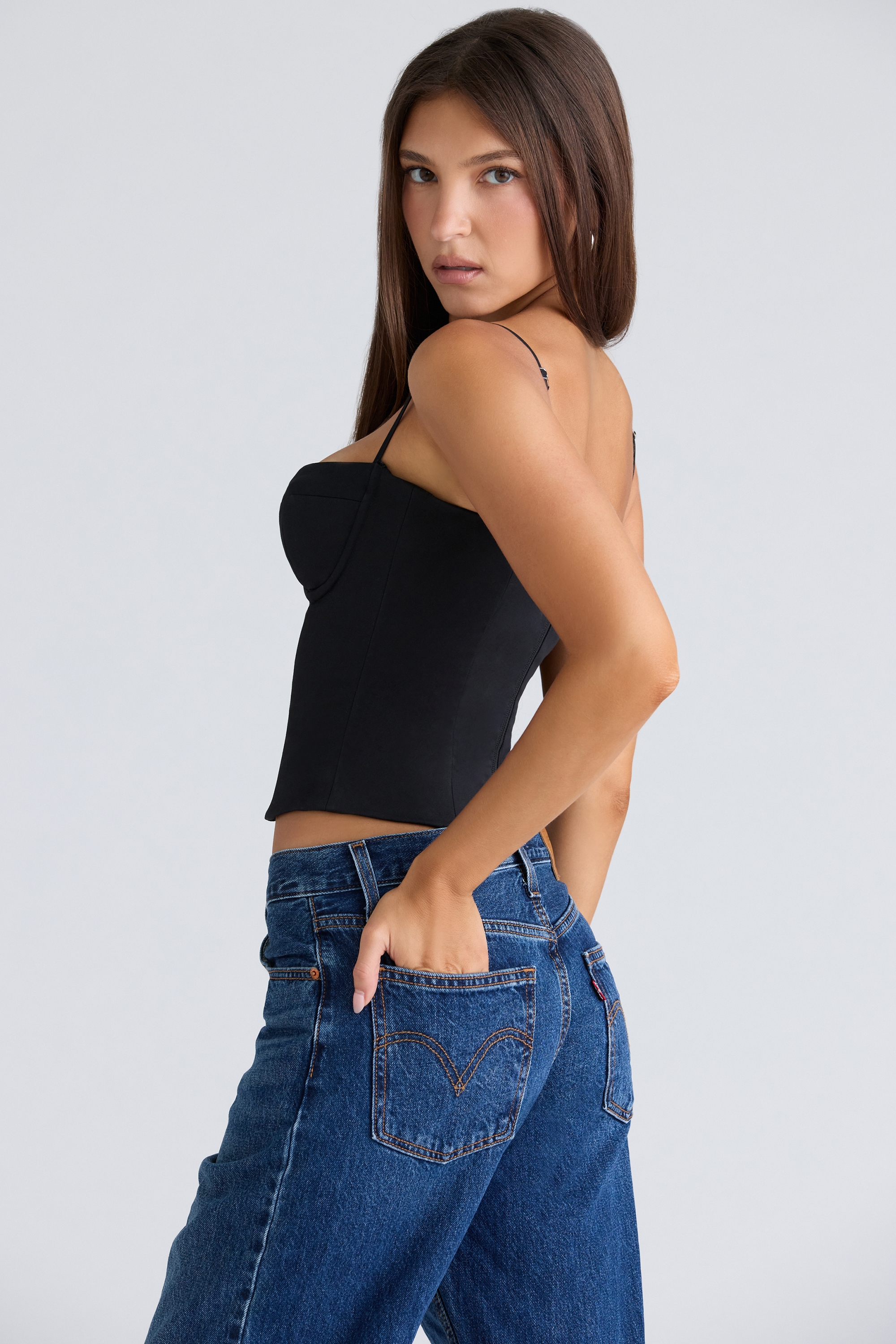 Samaria-Black Stretch Twill Cupped Corset Top