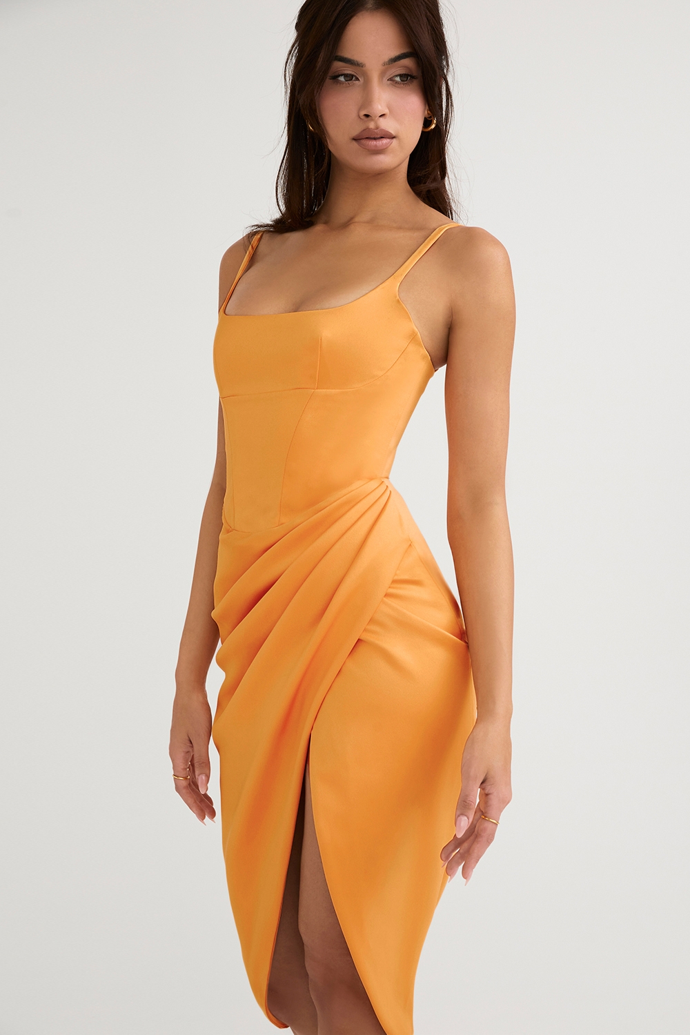 Bianca-Tangerine Satin Pleated Corset Midi Dress