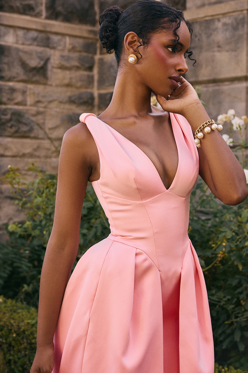 Paloma-Peach Satin Pleated Midi Dress - SALE