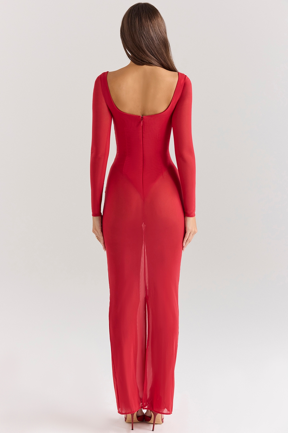 Everly-Holly Red Mesh Maxi Dress with Bodysuit