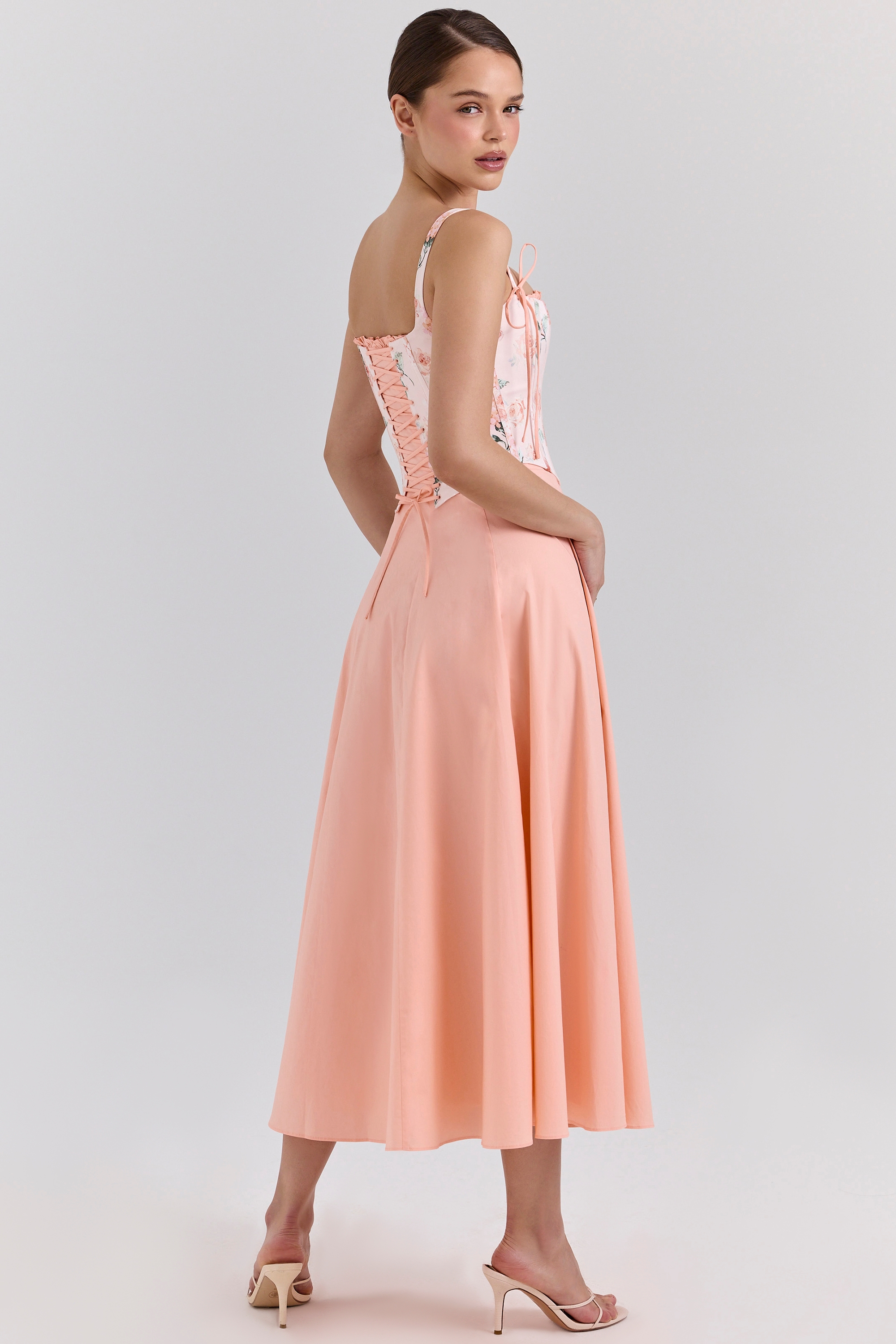 Clarabelle-Peach Cotton Detachable Corset Midi SunDress