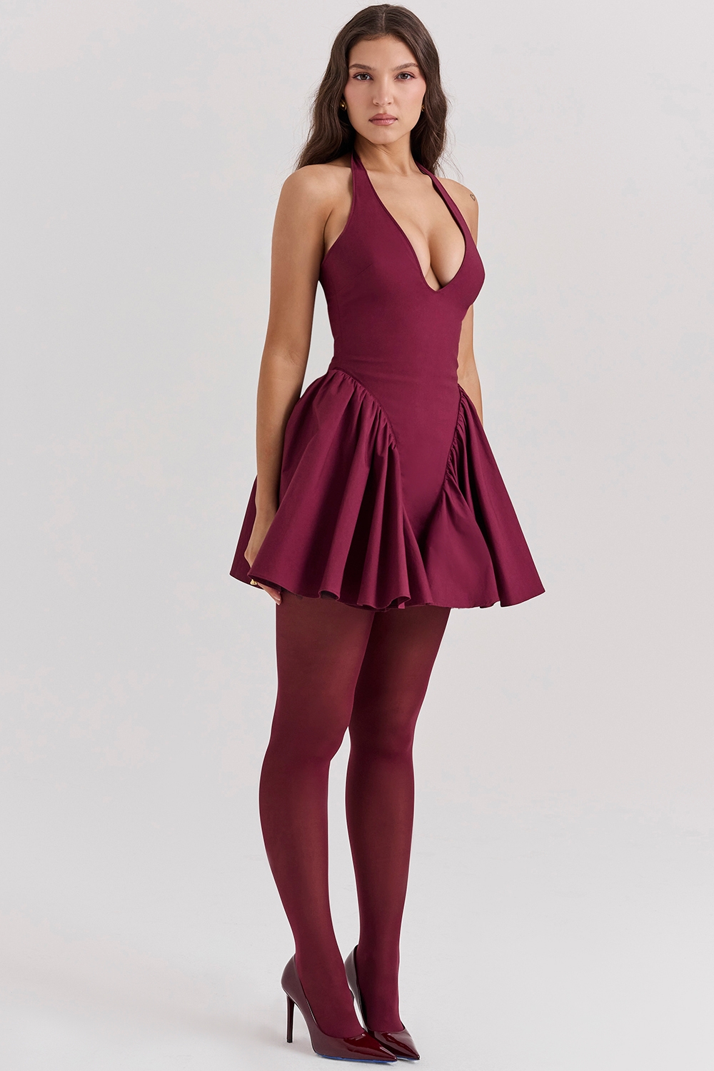 Valentia-Wine Halter Mini Dress