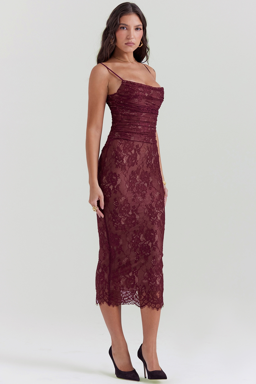 Gaia-Claret Lace Midi Dress