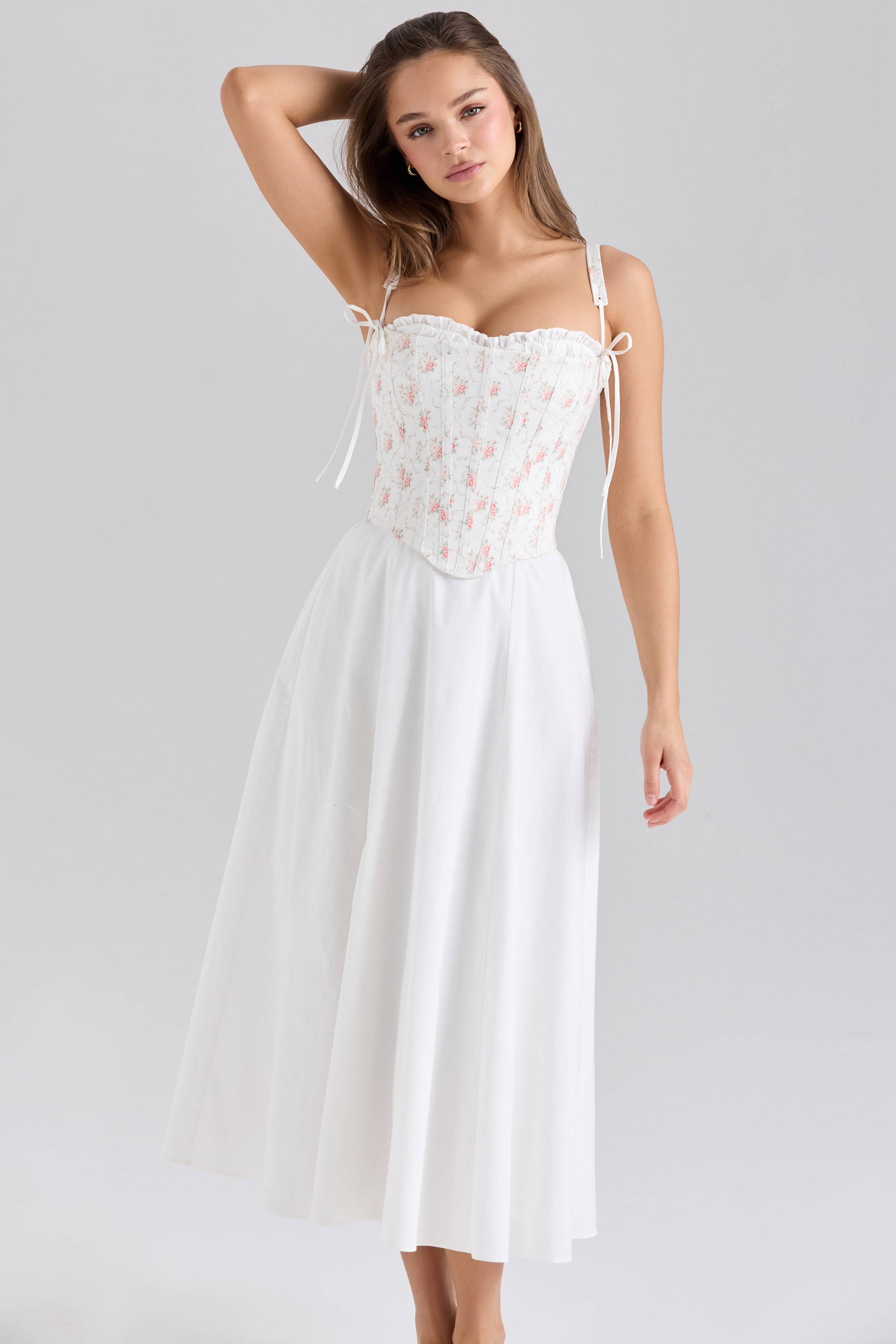 Clarabelle-Rose Print Cotton Detachable Corset Midi Sundress