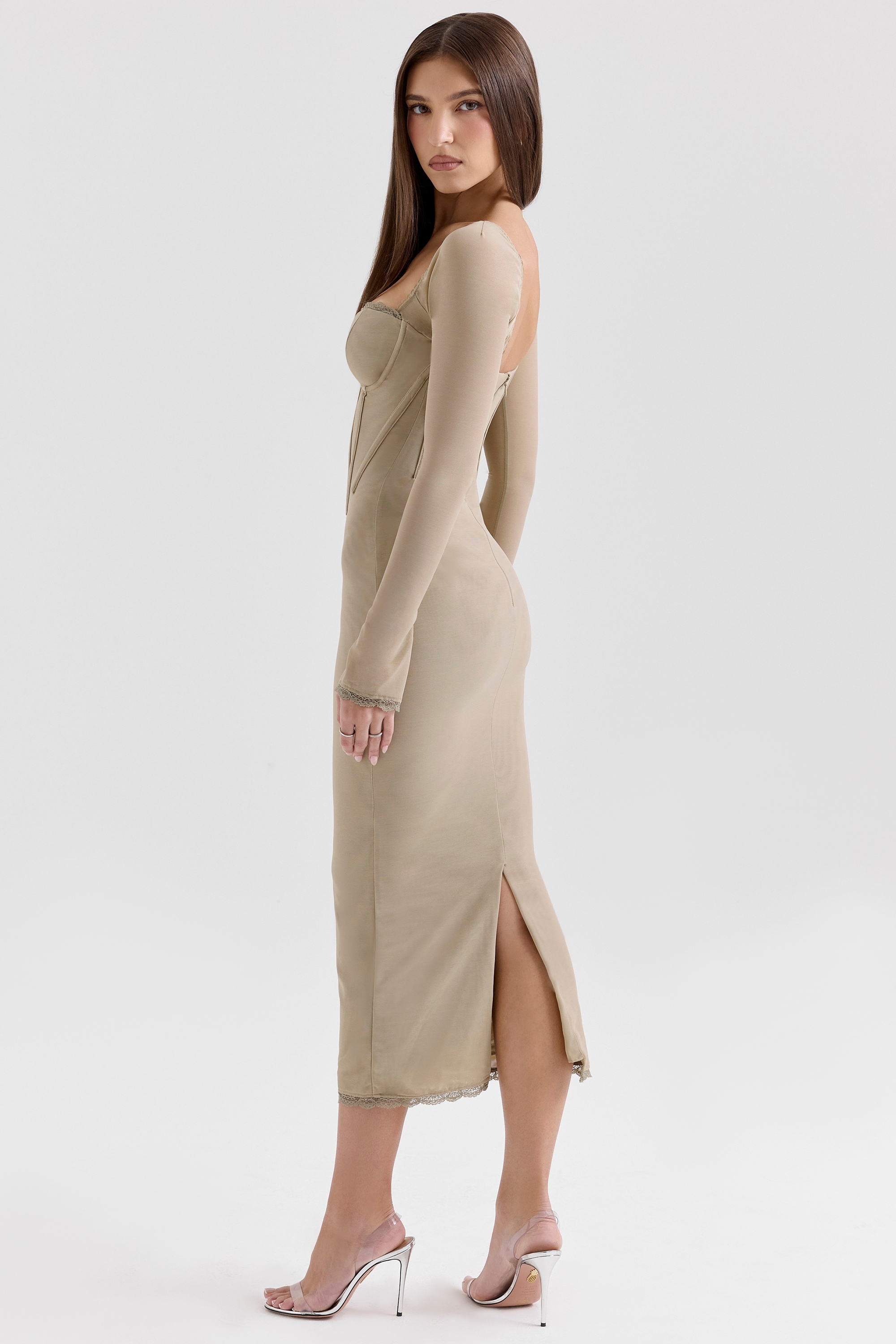 Saisha-Beige Mesh Long Sleeve Bodycon Midi Dress