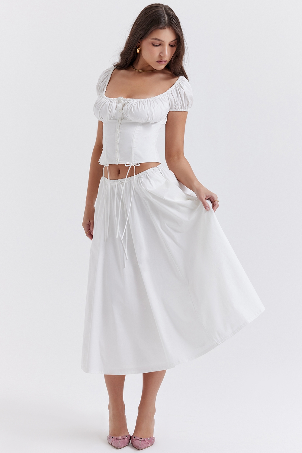 Cora-White Gathered Midi Skirt