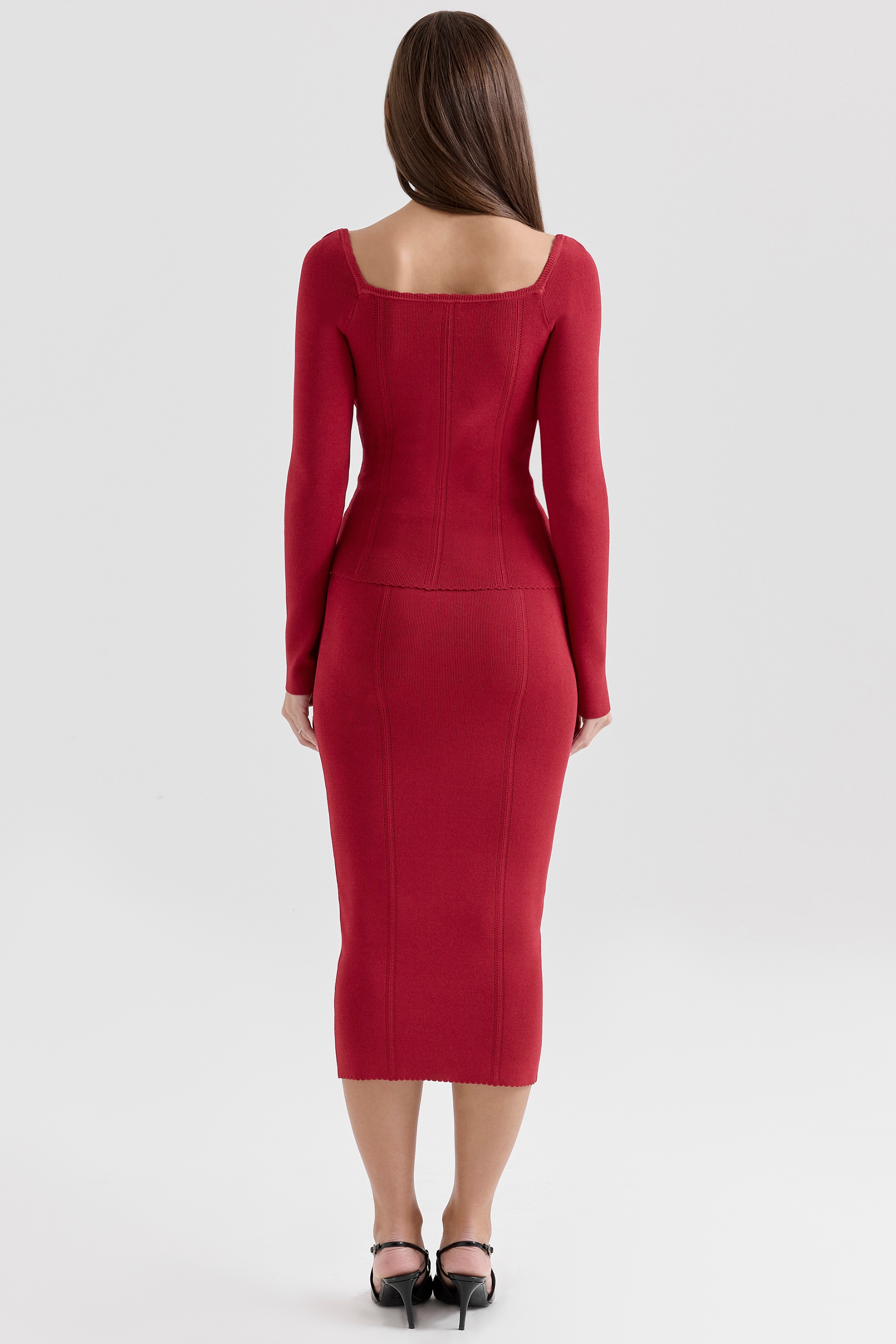 Eliane-Red Bodycon Knitted Midi Skirt