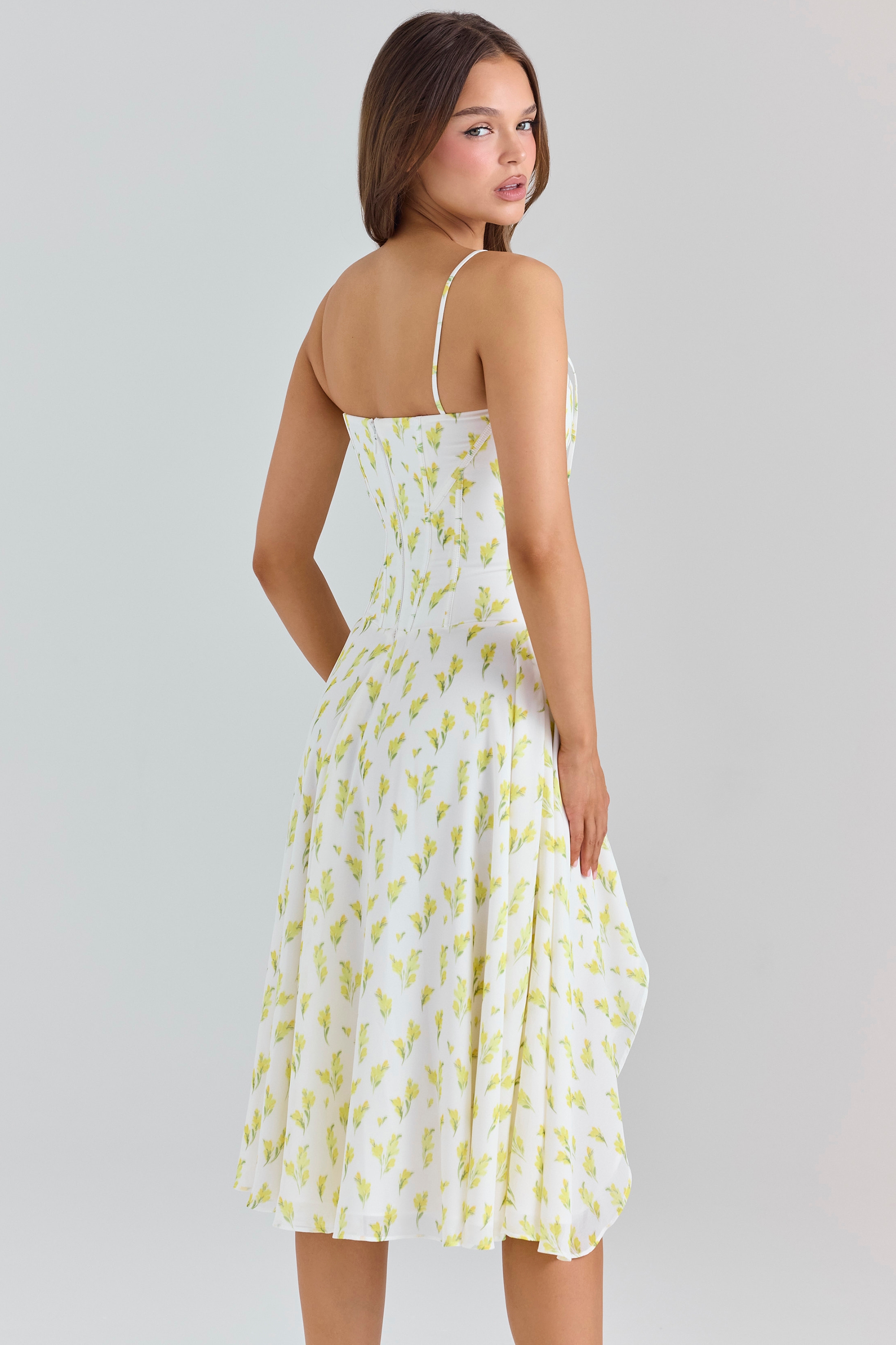 Yvette-Lemon Floral Print Georgette Midi Dress