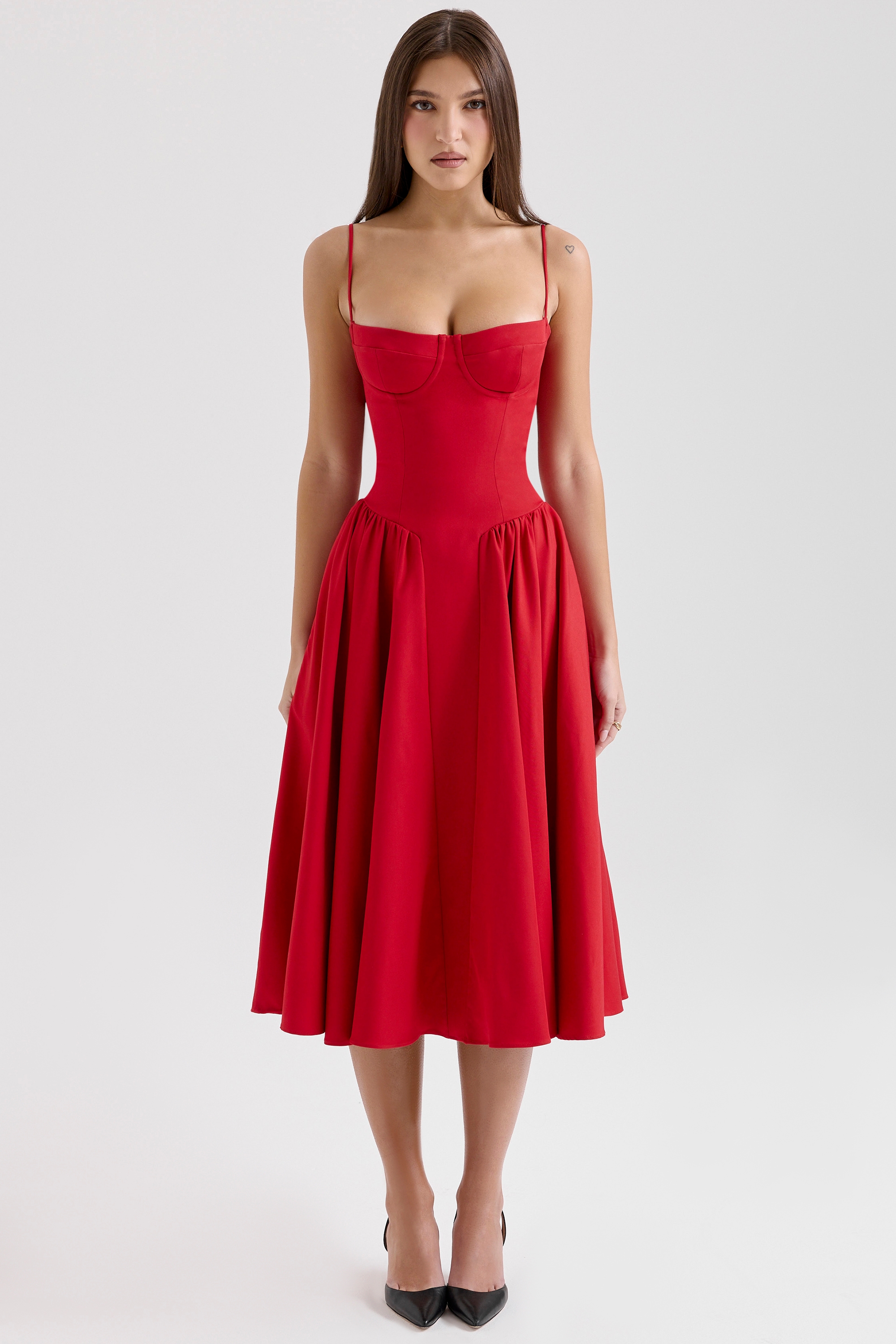 Samaria-Red Gathered Midi Dress