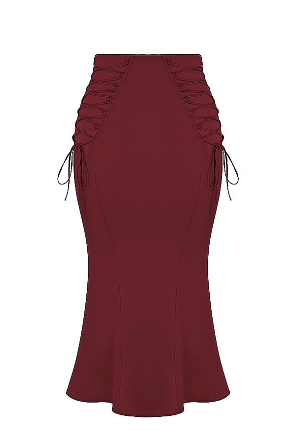 Sidonie-Wine Satin Lace Up Midi Skirt
