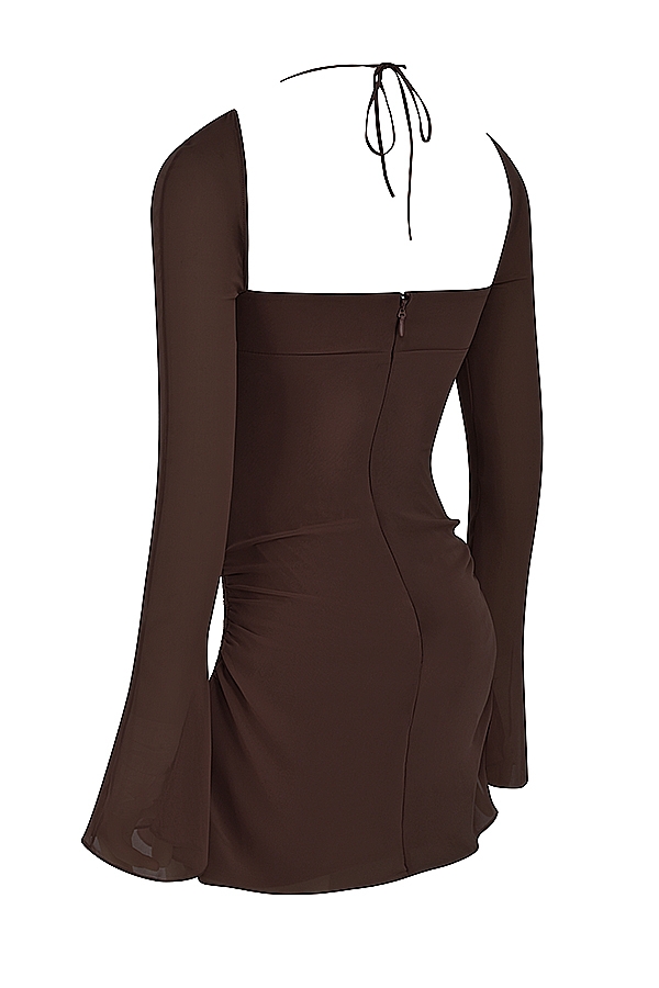 Baby-Chocolate Chiffon Cutout Halter Mini Dress