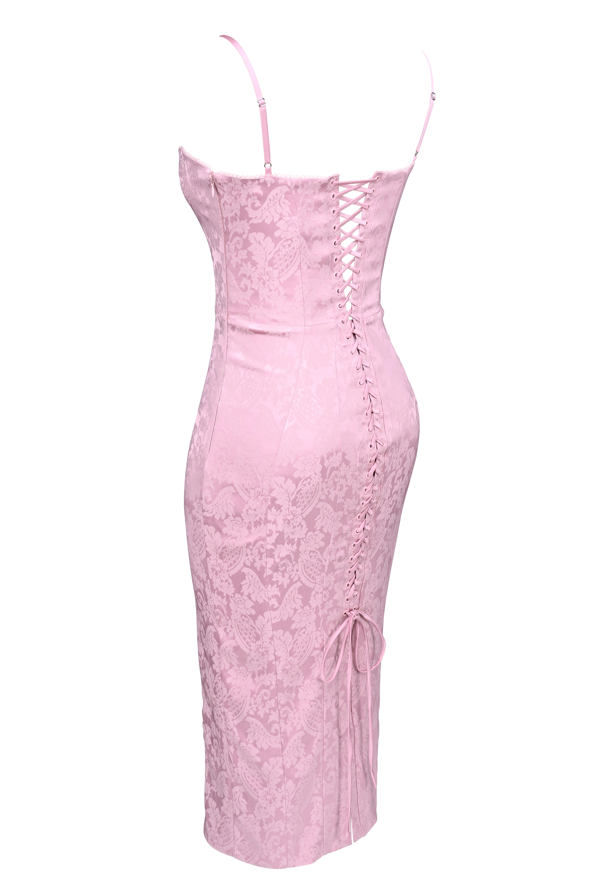 Ophelle-Pink Jacquard Lace Up Bodycon Midi Dress