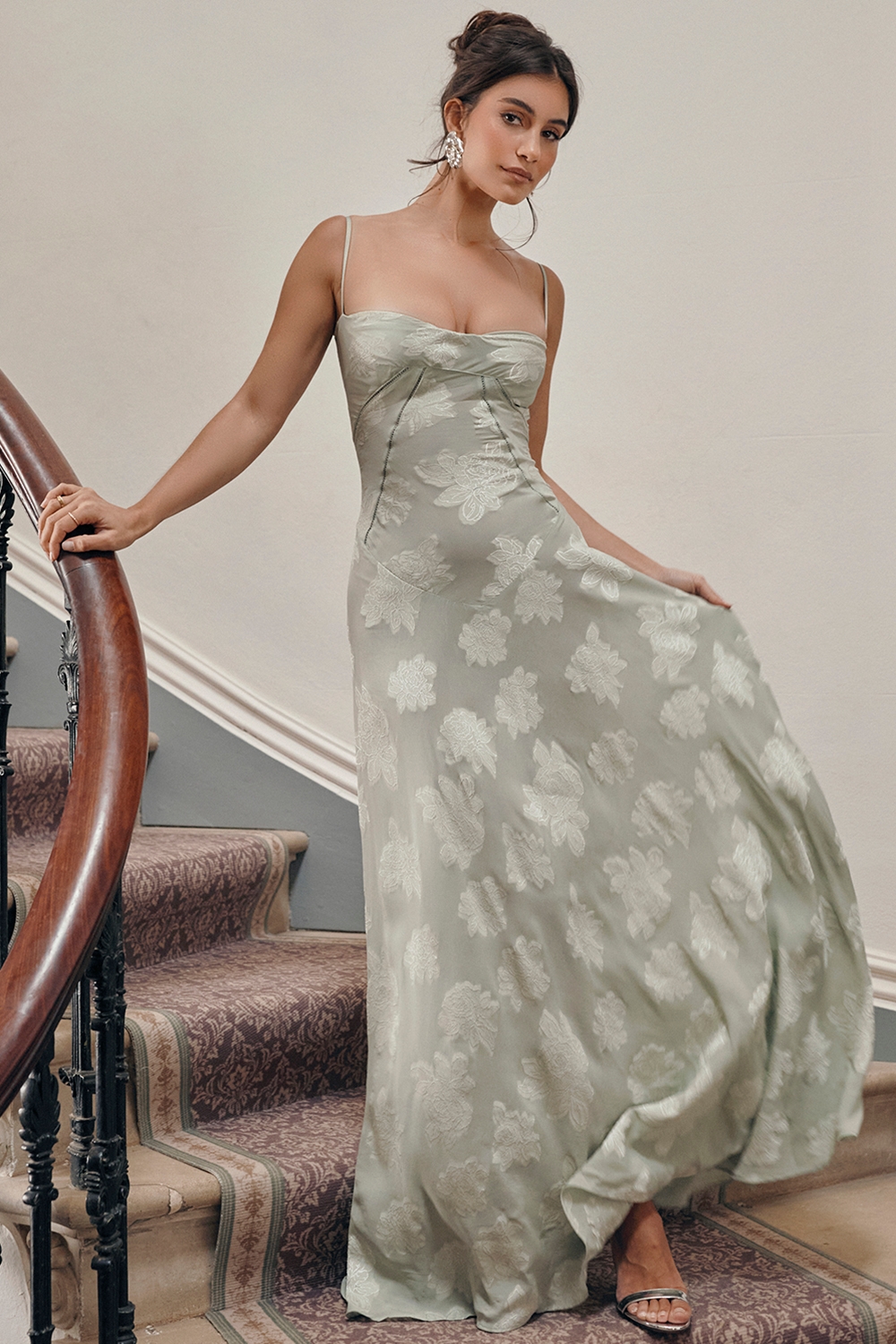 Seren-Pistachio Floral Lace Back Maxi Dress