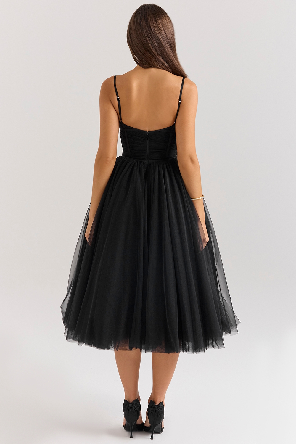 Countess-Black Tulle Ruched Bodice Midi Dress - SALE