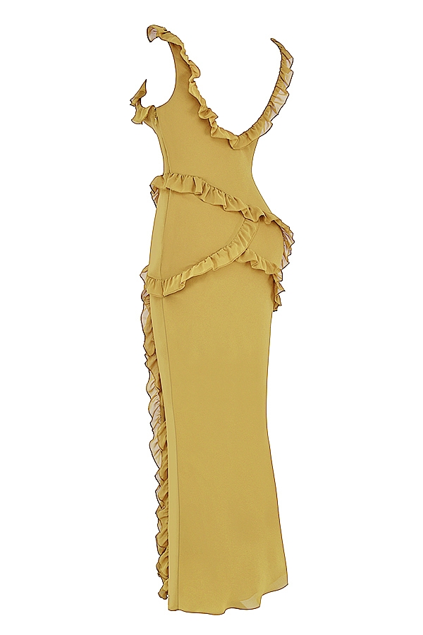 Pixie-Olive Ruffle Maxi Dress