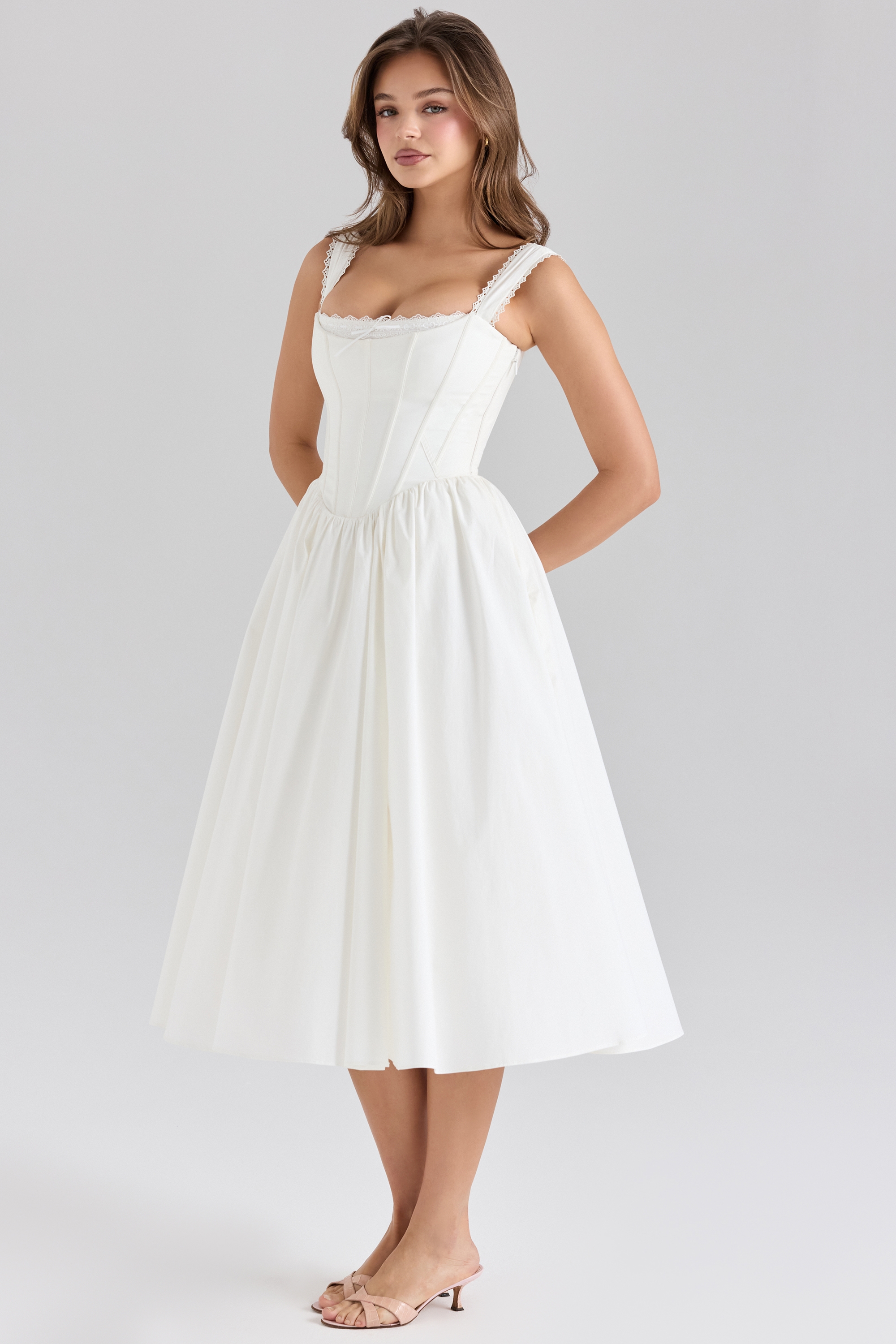 Amara-White Stretch Cotton Corset Midi Dress
