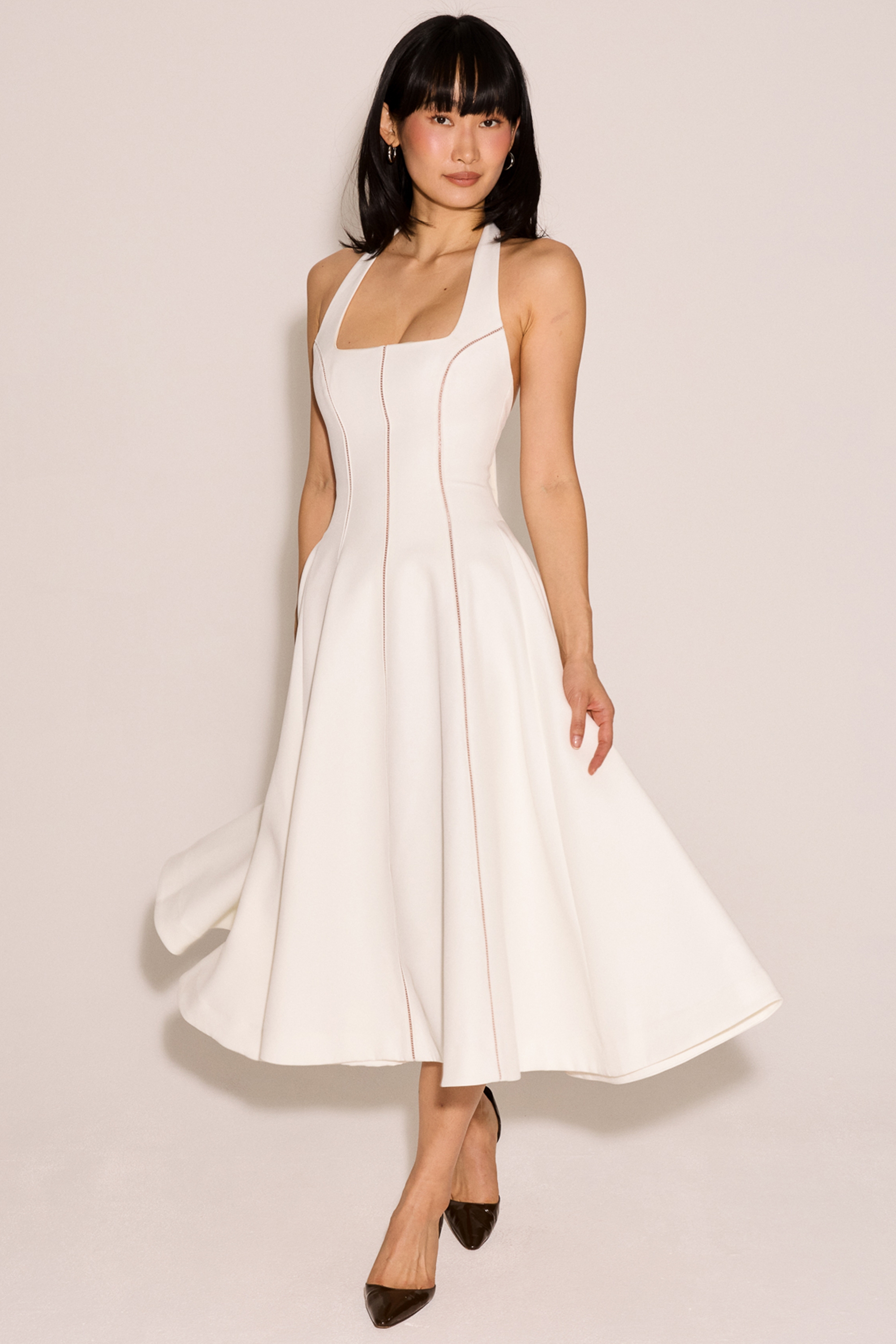 Loulou-Ivory Halter Neck Midi Dress