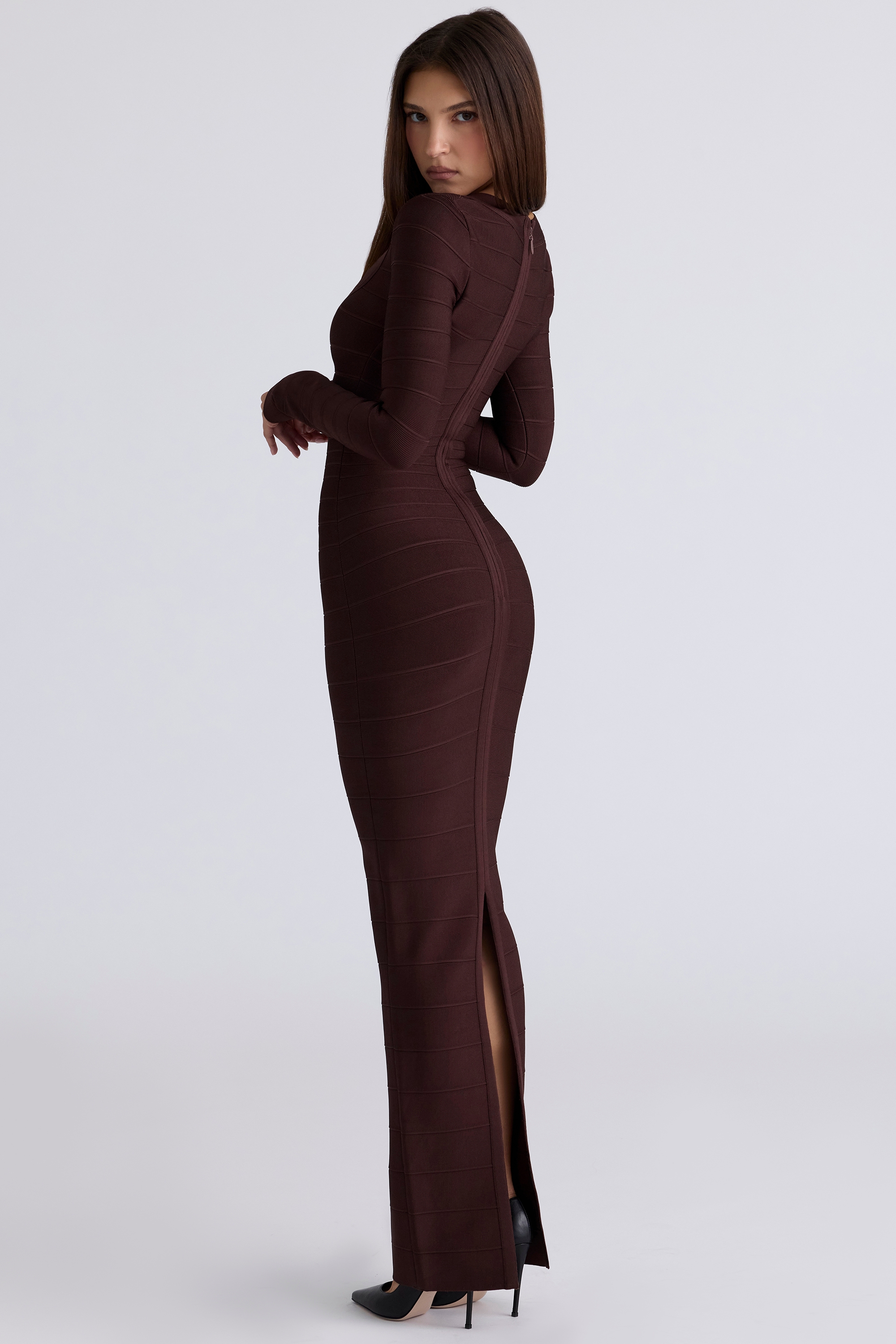 The OG-Chocolat Long Sleeve Stretch Bandage Maxi Dress