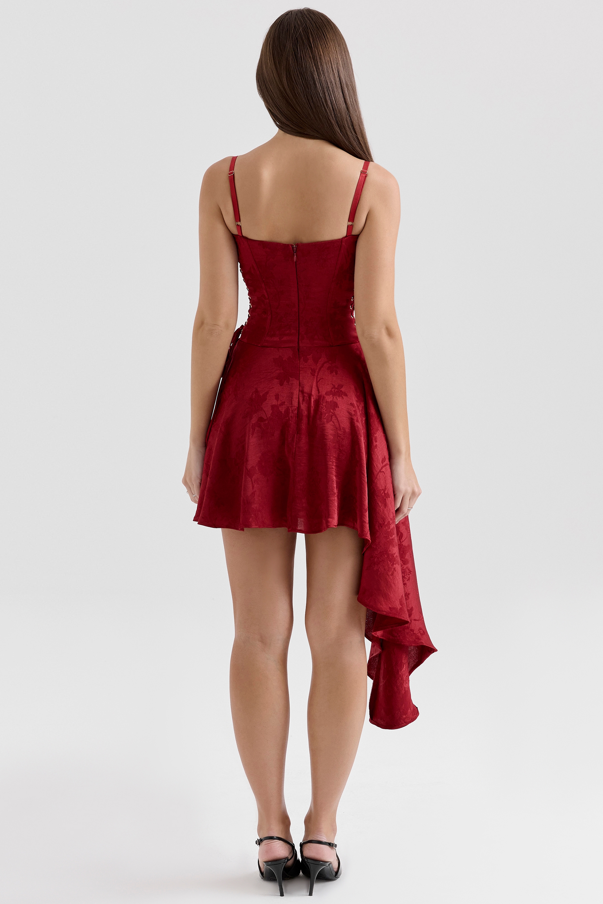 Lola-Wine Jacquard Satin Draped Mini Dress