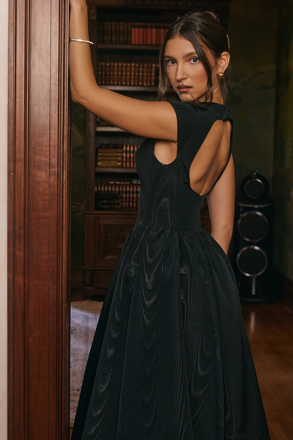 Debutante-Black Moire Satin Backless Midi Dress