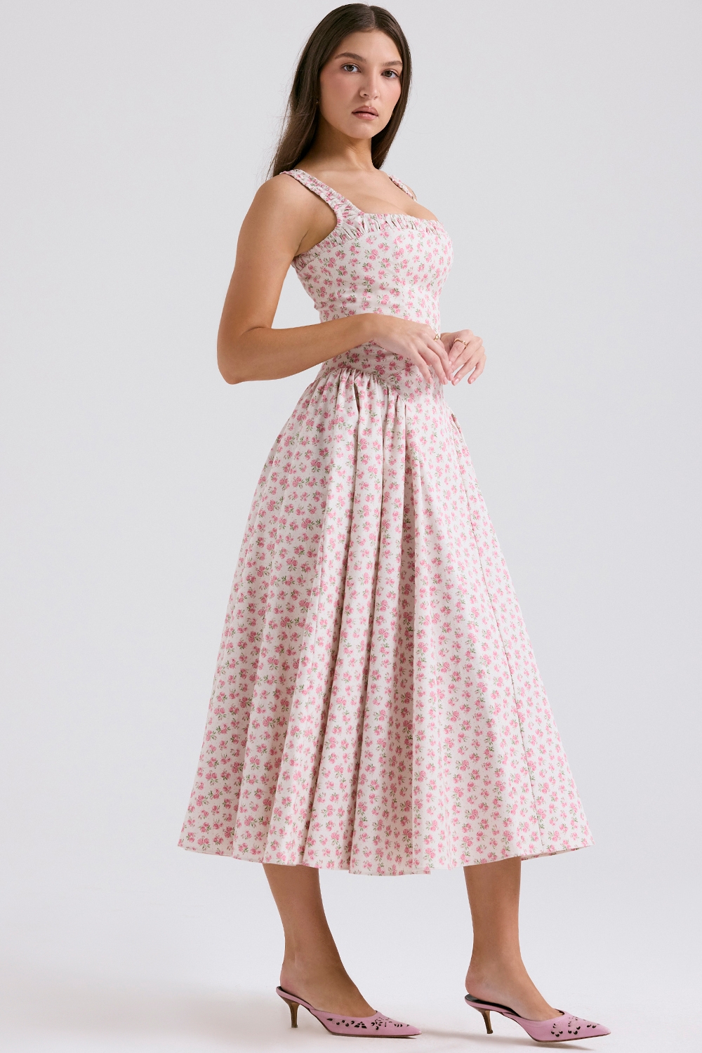 Dorothy-White Rosebud Print Cotton Midi Sundress