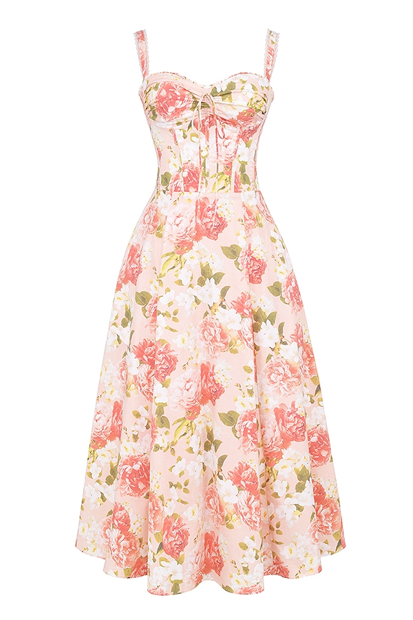 Rosalee-Pink Peony Print Cotton Bustier Sundress