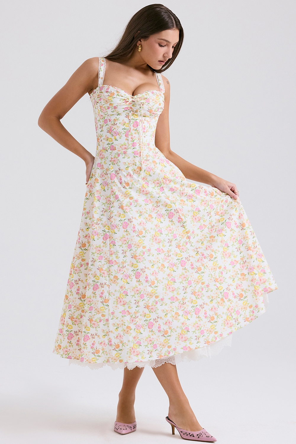 Rosalee-Ivory Meadow Print Cotton Bustier Sundress