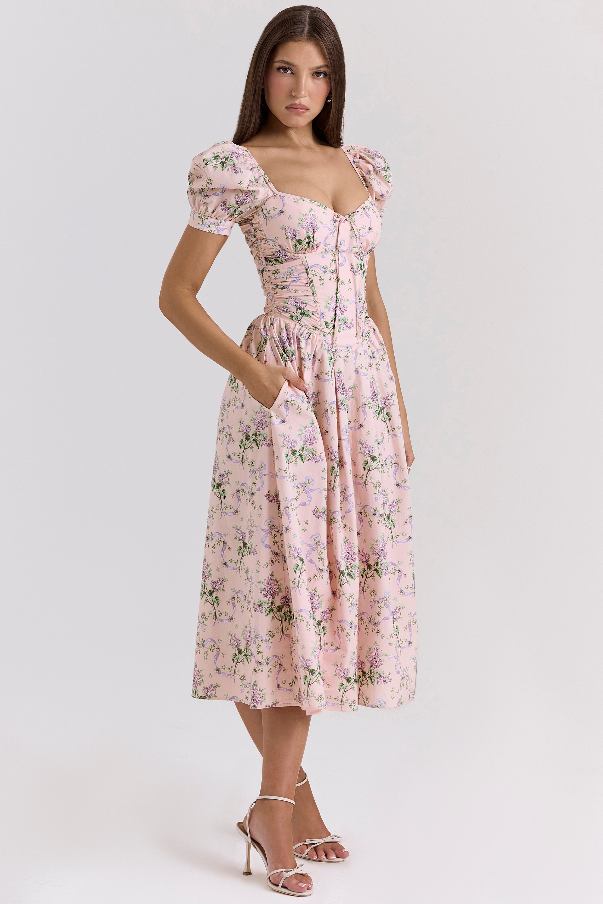 Lulabell-Pink Ribbon Print Cotton Midi Dress