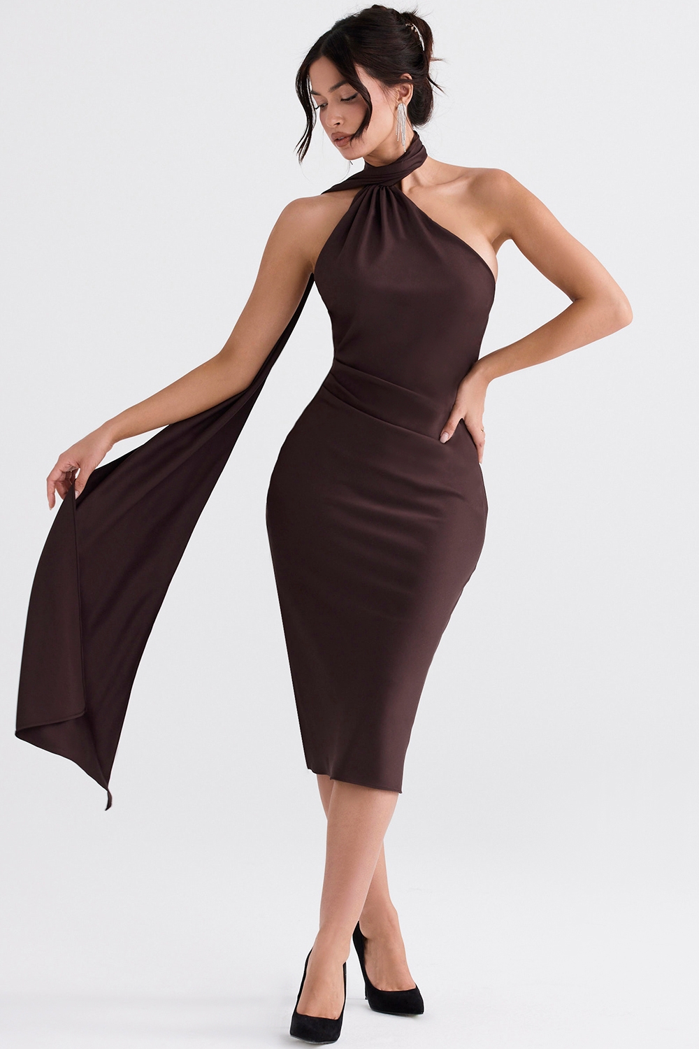 Angelina-Chocolate Wrap Neck Midi Dress