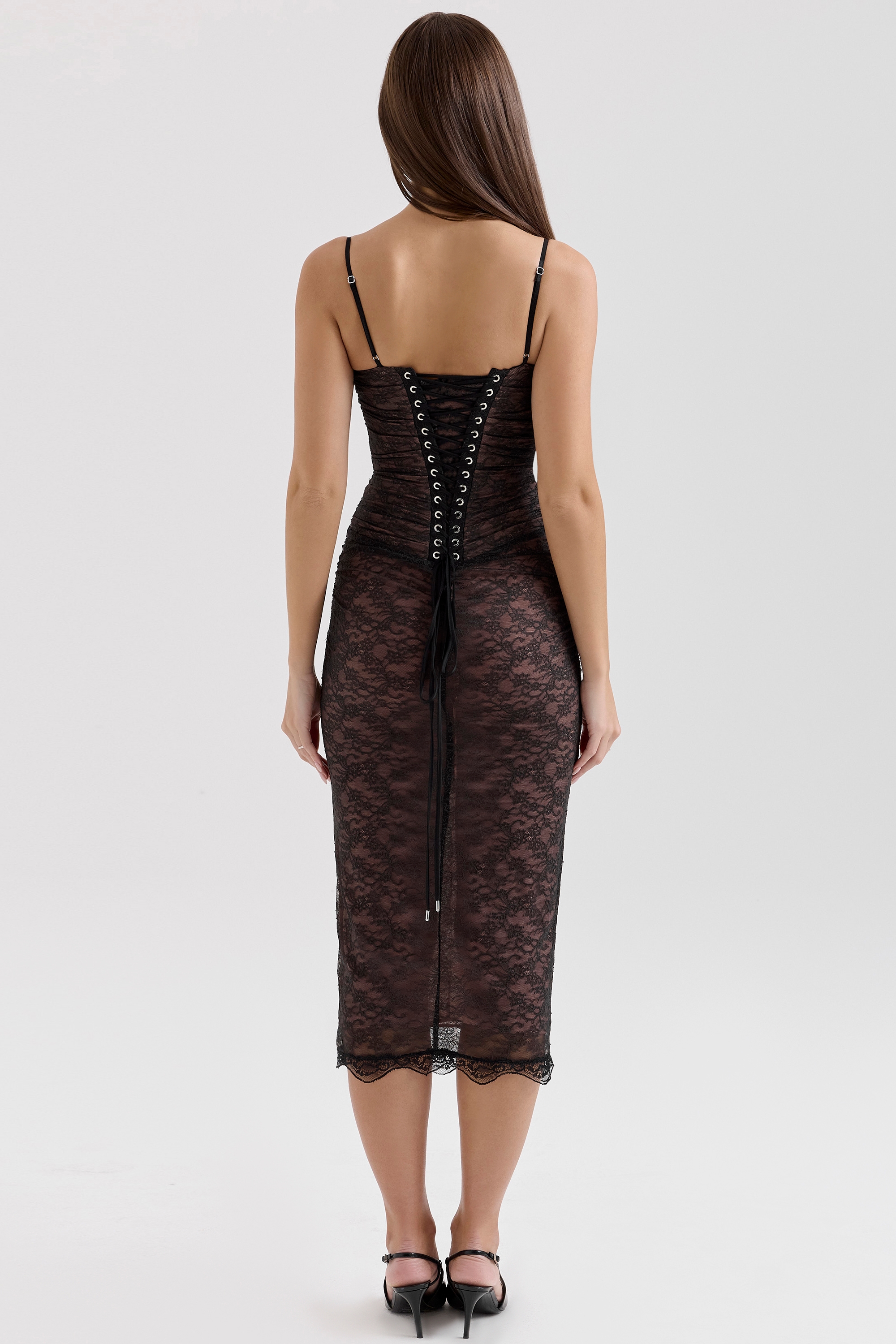 Gaia-Black Lace Corset Midi Dress