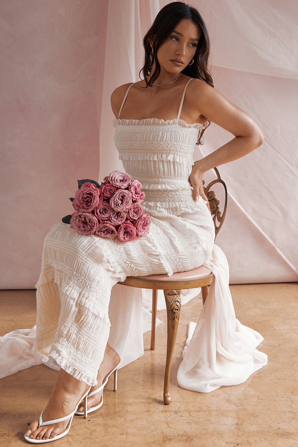 Solana-Ivory Sequin Pleat Maxi Dress