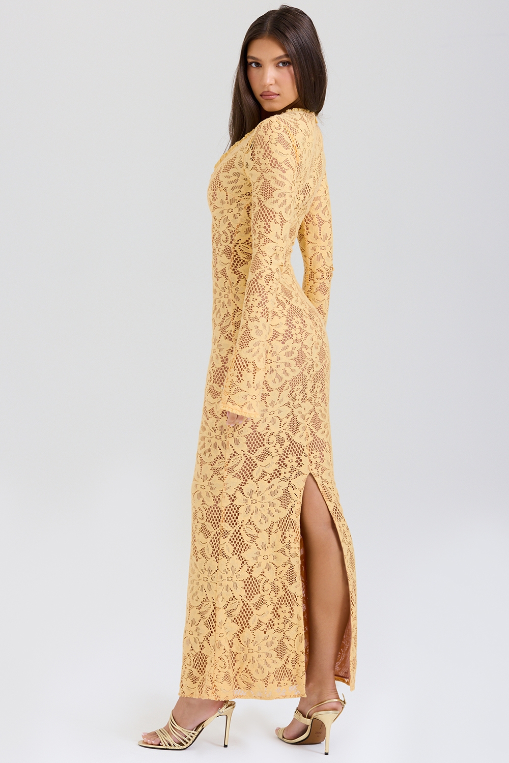 Indiana-Apricot Plunge Lace Maxi Dress