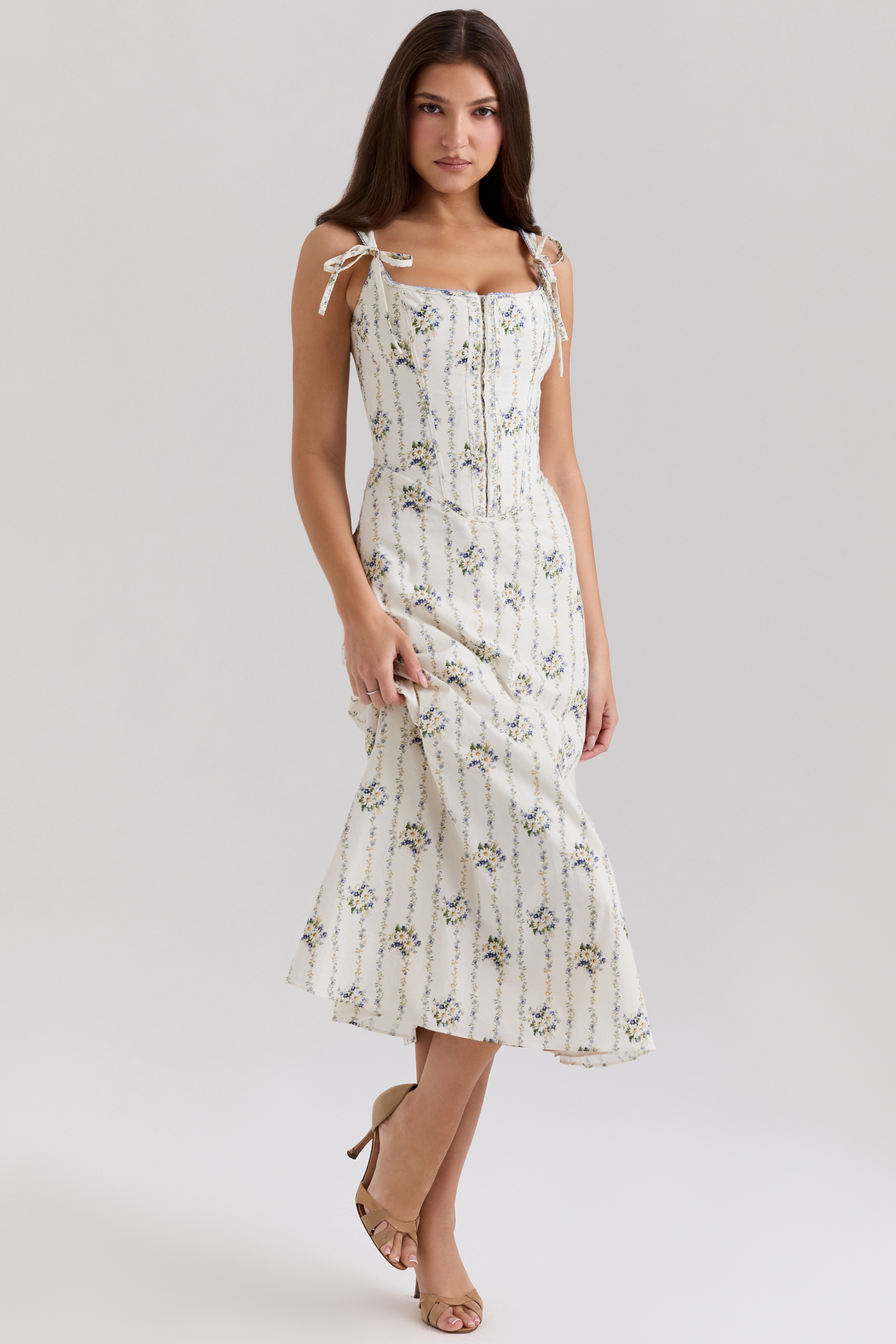 Dionne-Cream Daisy Print Stretch Cotton Midi Dress
