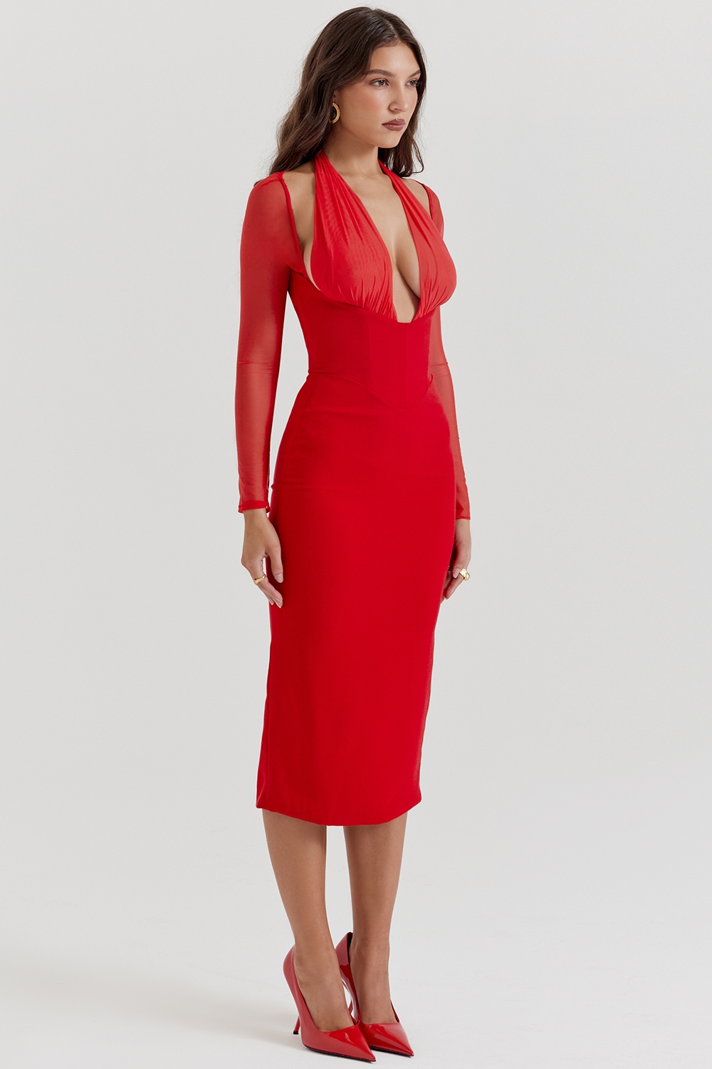 Yasmin-Scarlet Plunge Midi Dress