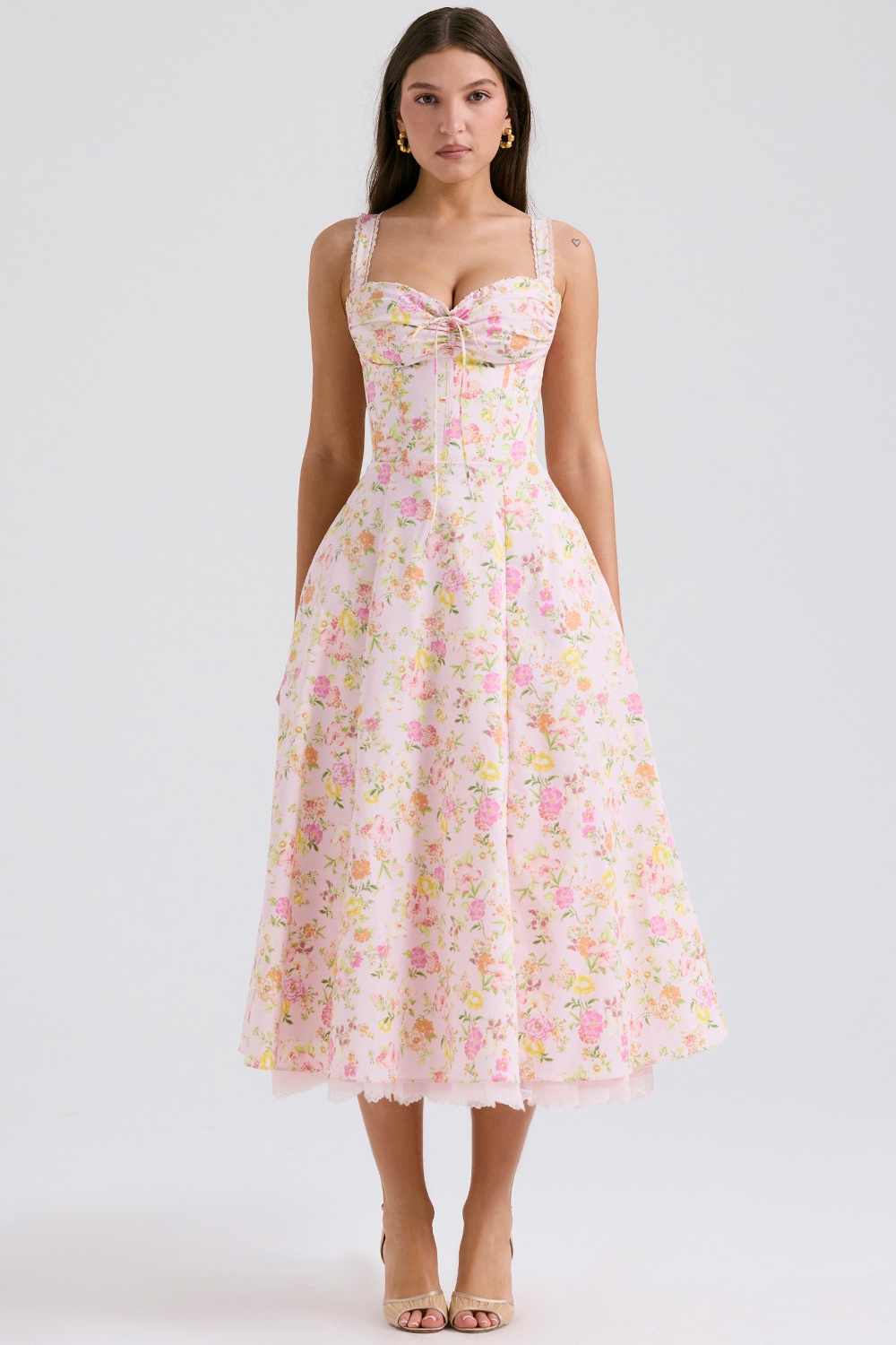 Rosalee-Pink Meadow Print Cotton Bustier Sundress