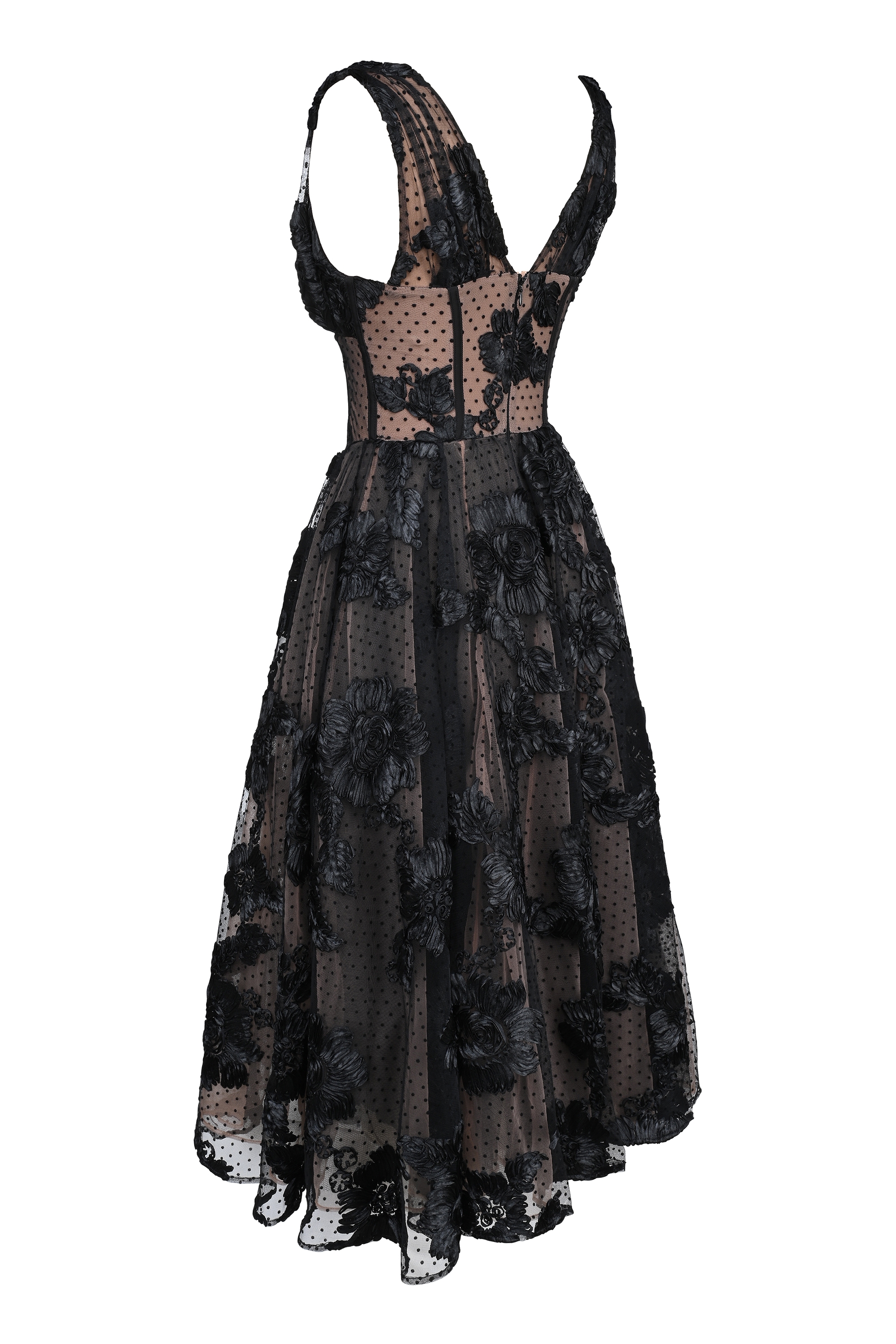 Sianna-Black Embroidered Tulle Corset Midi Dress
